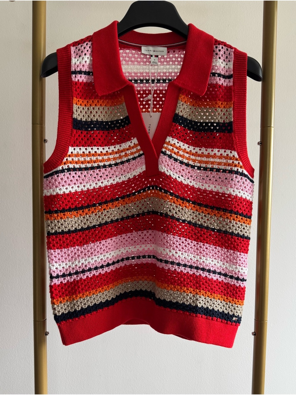 Tommy Hilfiger Red Multicolor Open-Knit Polo Sweater Vest